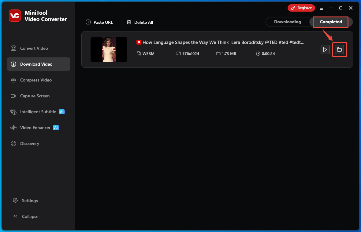 Video Download Interface of MiniTool Video Converter with the Folder icon selected under the Completed section.