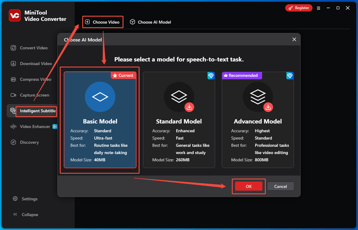 Intelligent Subtitle Interface of MiniTool Video Converter that shows how to choose an AI model.