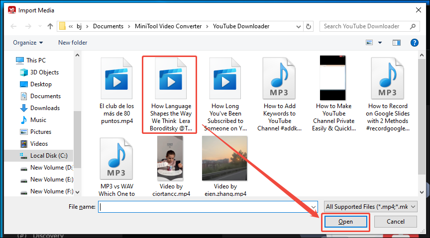 Import Media window of MiniTool Video Converter with the target video and the Open option selected.