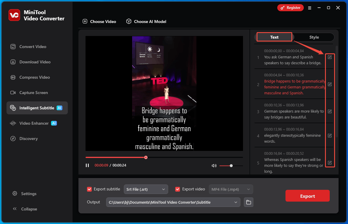 Intelligent Subtitle Interface of MiniTool Video Converter with the Edit icon selected under the Text tab.