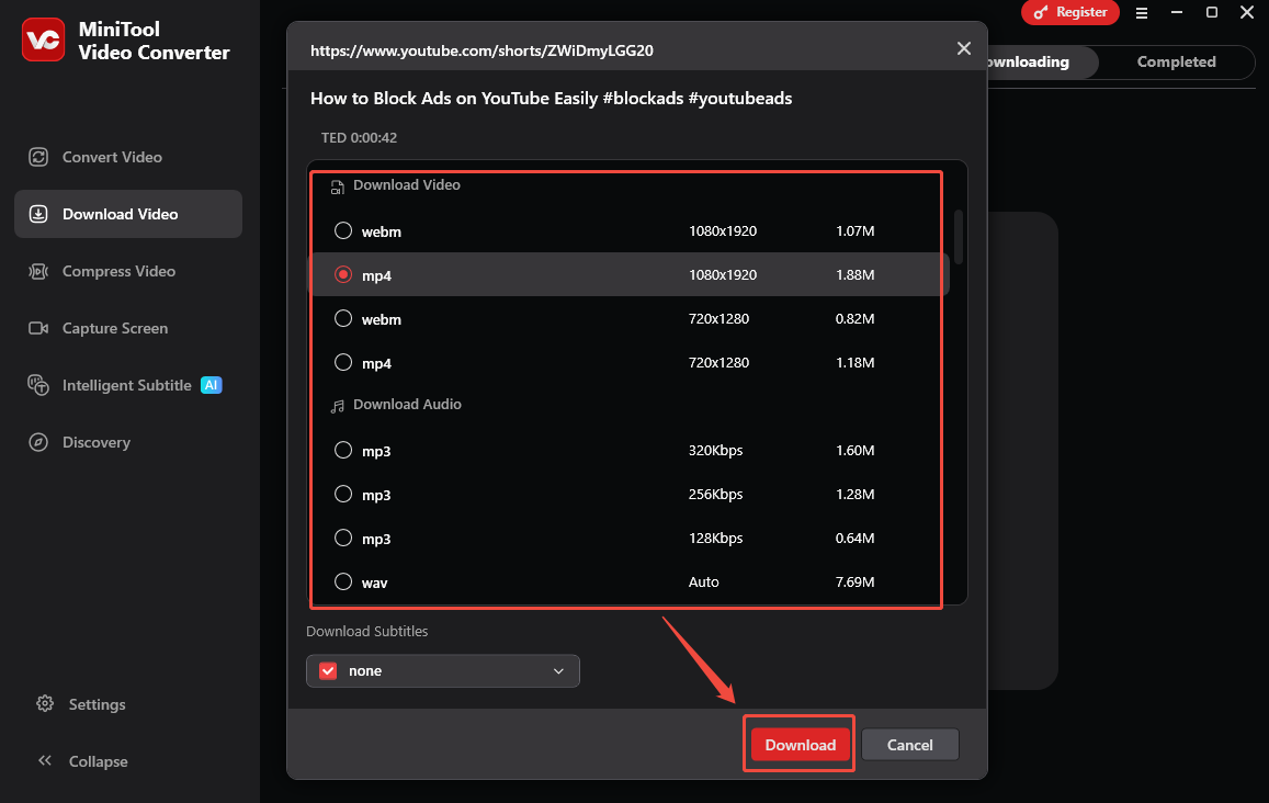 Video Download Interface of MiniTool Video Converter that shows how to analyze the video link.