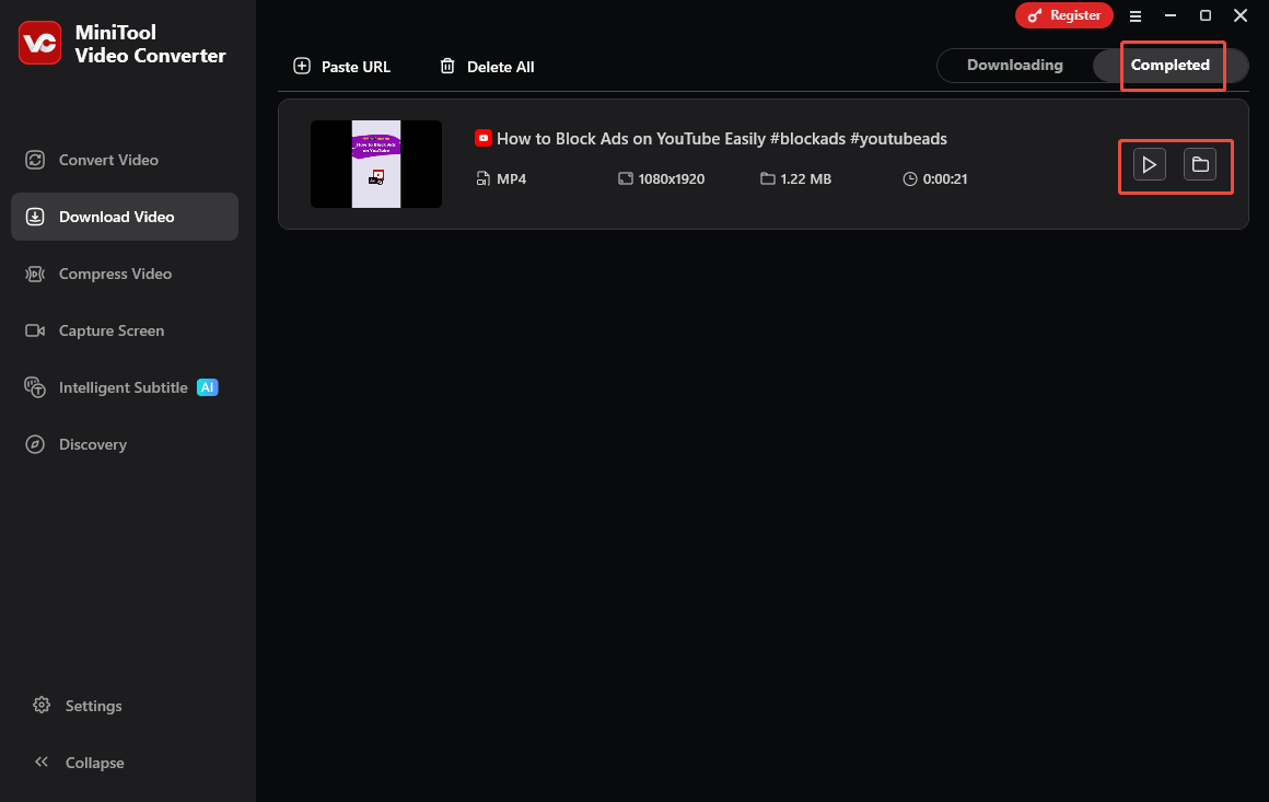 Video Download Interface of MiniTool Video Converter with the Play icon and Folder icon selected.
