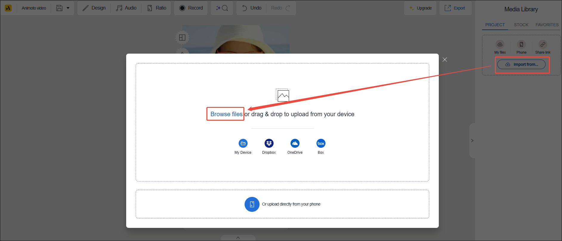 Animoto interface with the Import from and Browse files options selected to open the Open window.