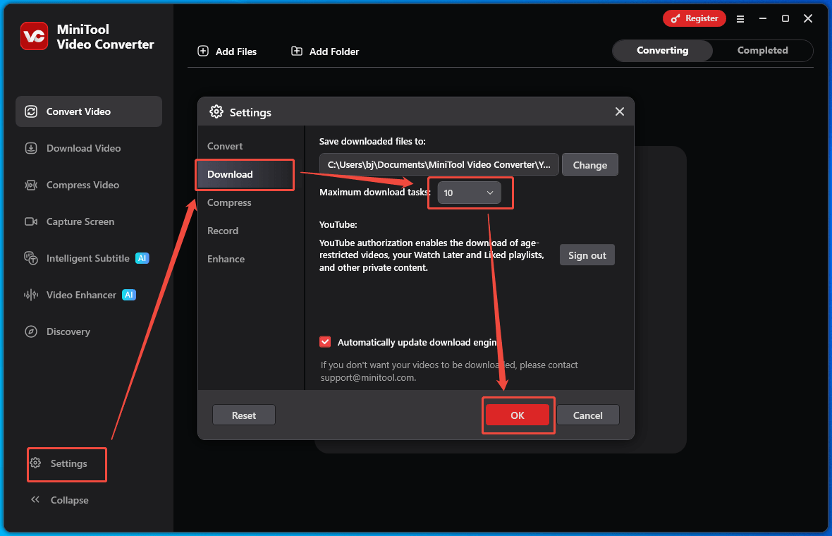 MiniTool Video Converter Settings interface that shows how to customize the maximum download tasks.