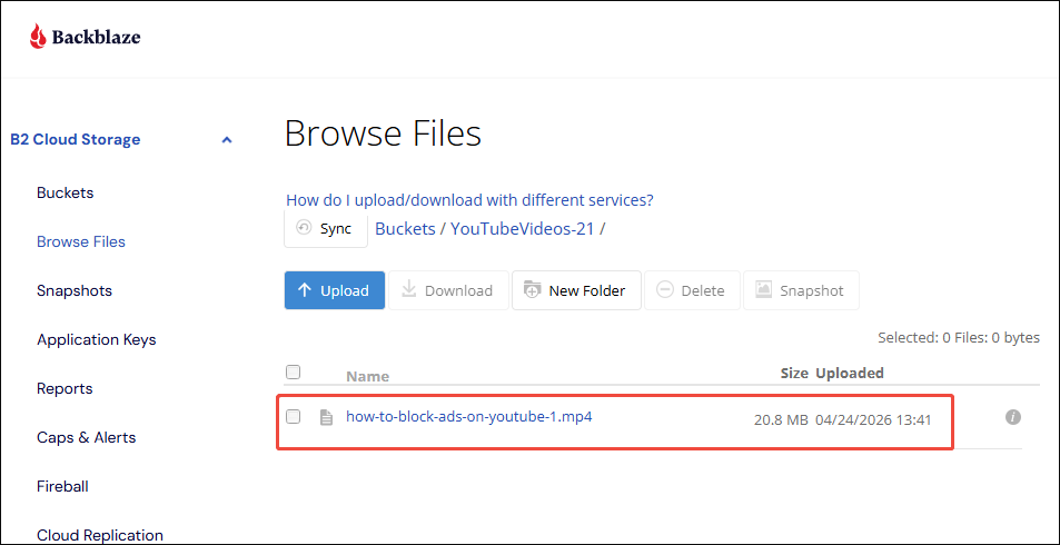 Backblaze interface with the YouTube file uploaded.
