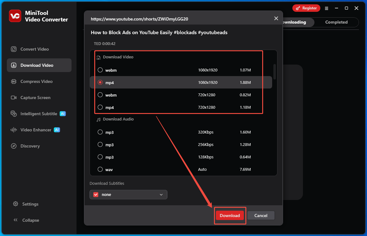 MiniTool Video Converter Download Video interface that shows how to set the output format and begin the download.