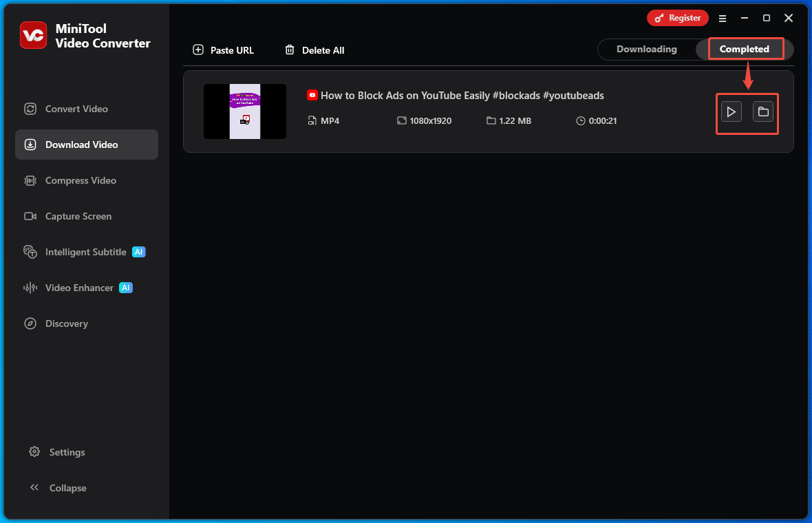 MiniTool Video Converter Download Video interface with the Play and Folder icons selected.