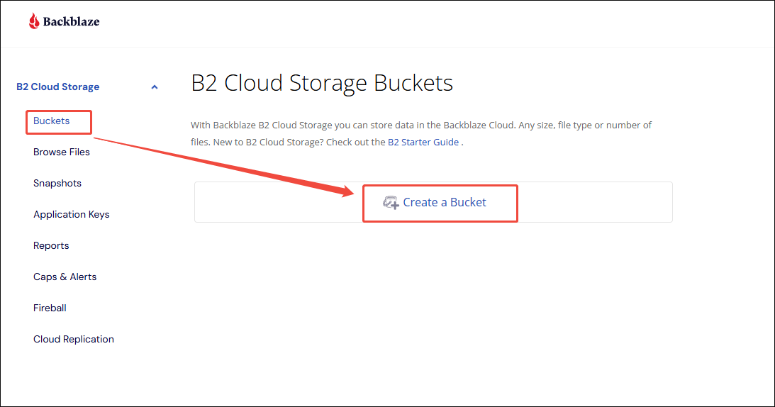 Backblaze interface with the Create a Bucket option selected under the Bucket section.