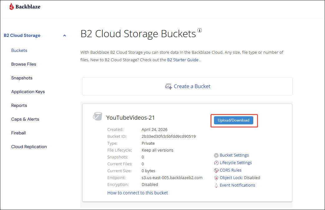 Backblaze interface with the Upload Download option selected.