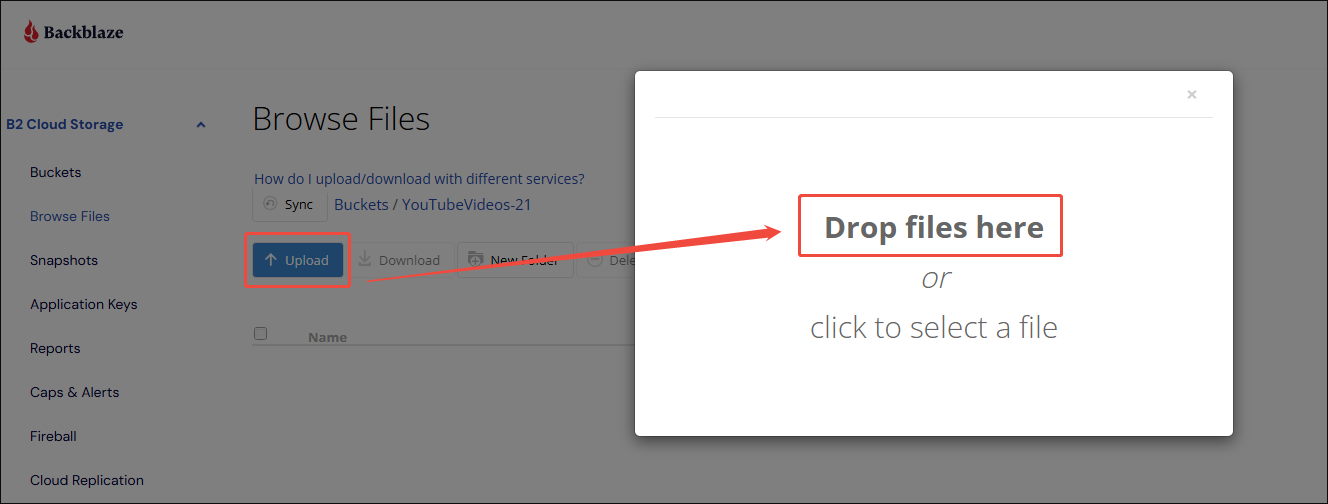 Backblaze interface that shows how to upload the YouTube videos to Backblaze.
