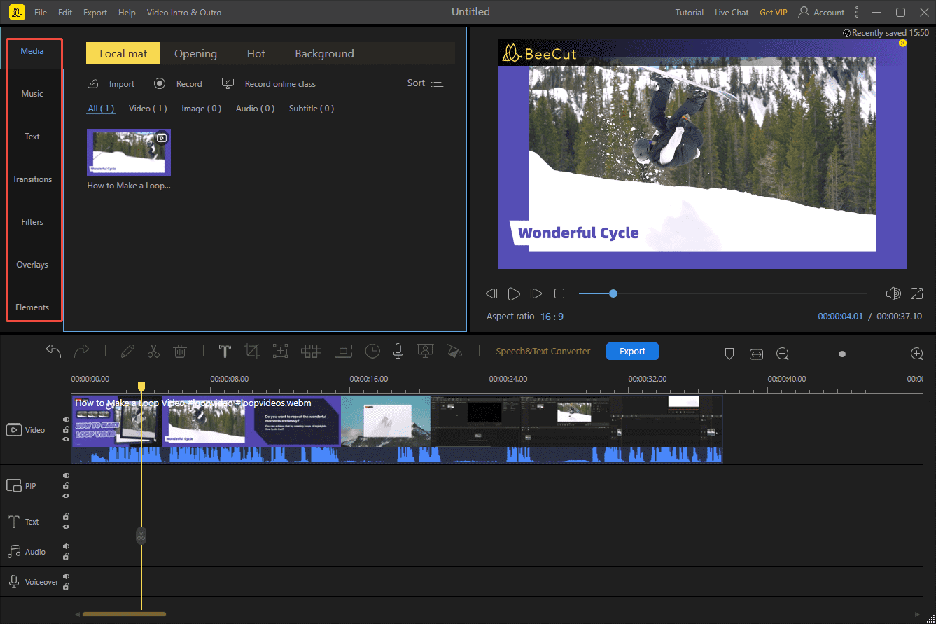 BeeCut video editing interface with the Media library selected.
