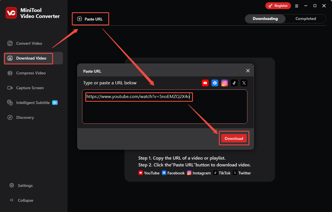 MiniTool Video Converter interface showing how to analyze a YouTube video URL under the Download Video section.
