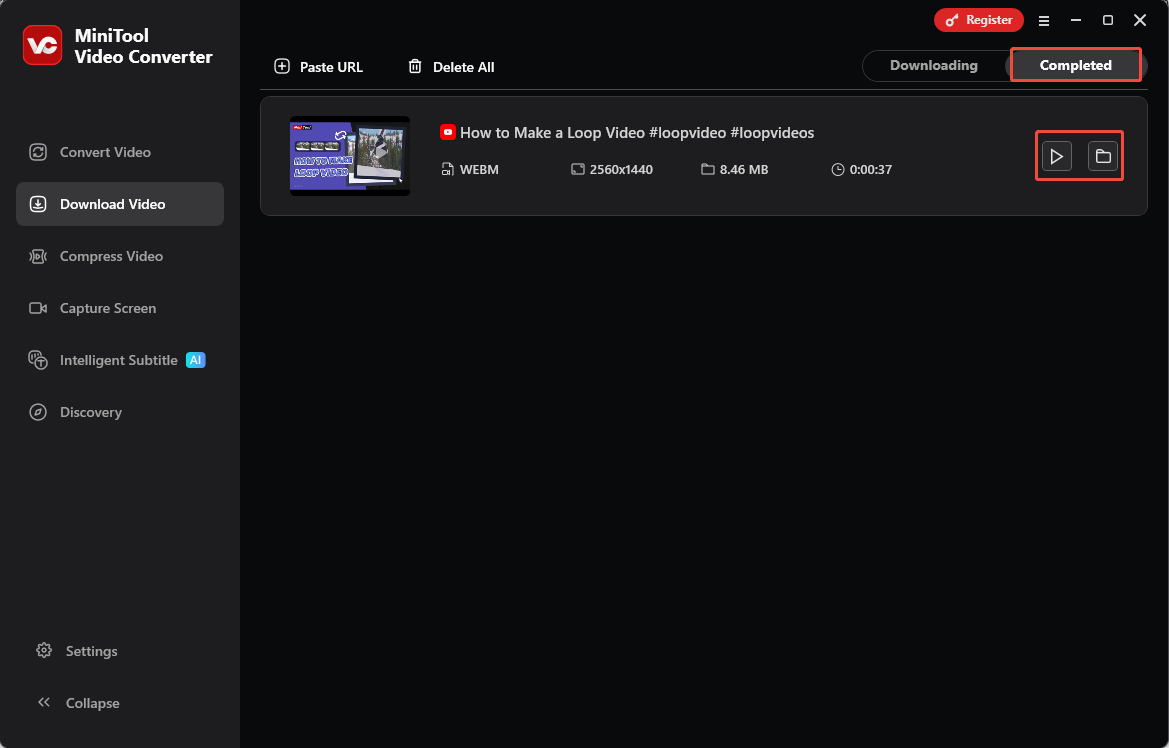 MiniTool Video Converter Download Video interface with the Play icon and Folder icon selected under the Completed section.