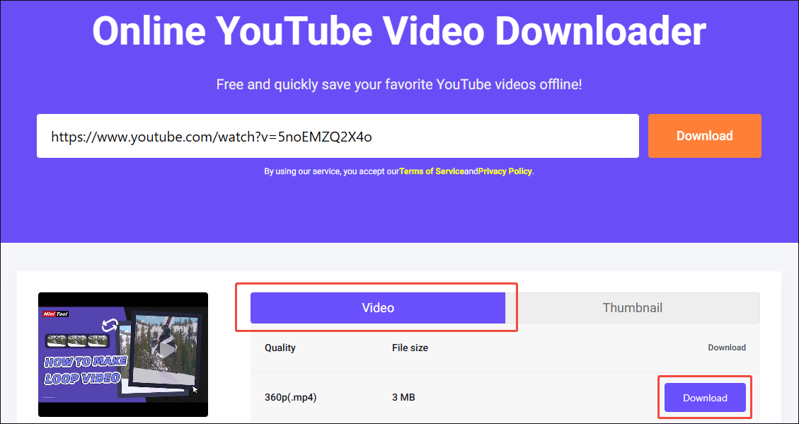 viddown net interface showing how to choose the video quality and start downloading.