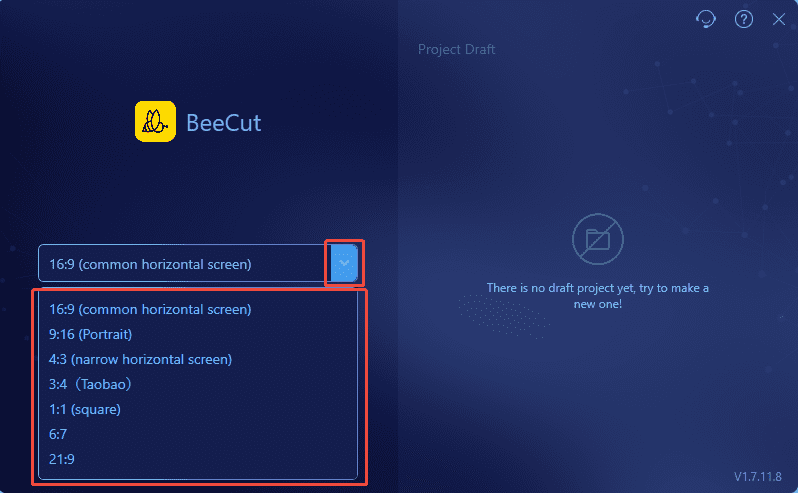 BeeCut main interface with the video aspect ratio option expanded.