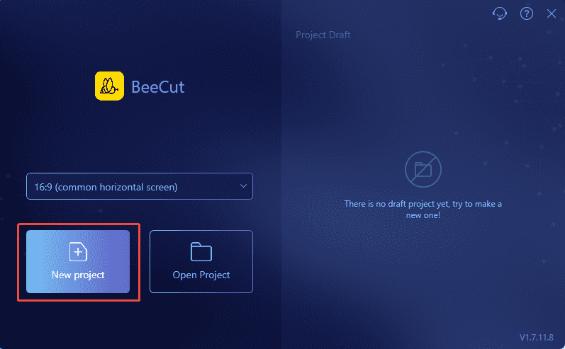 BeeCut main interface with the New project option selected.
