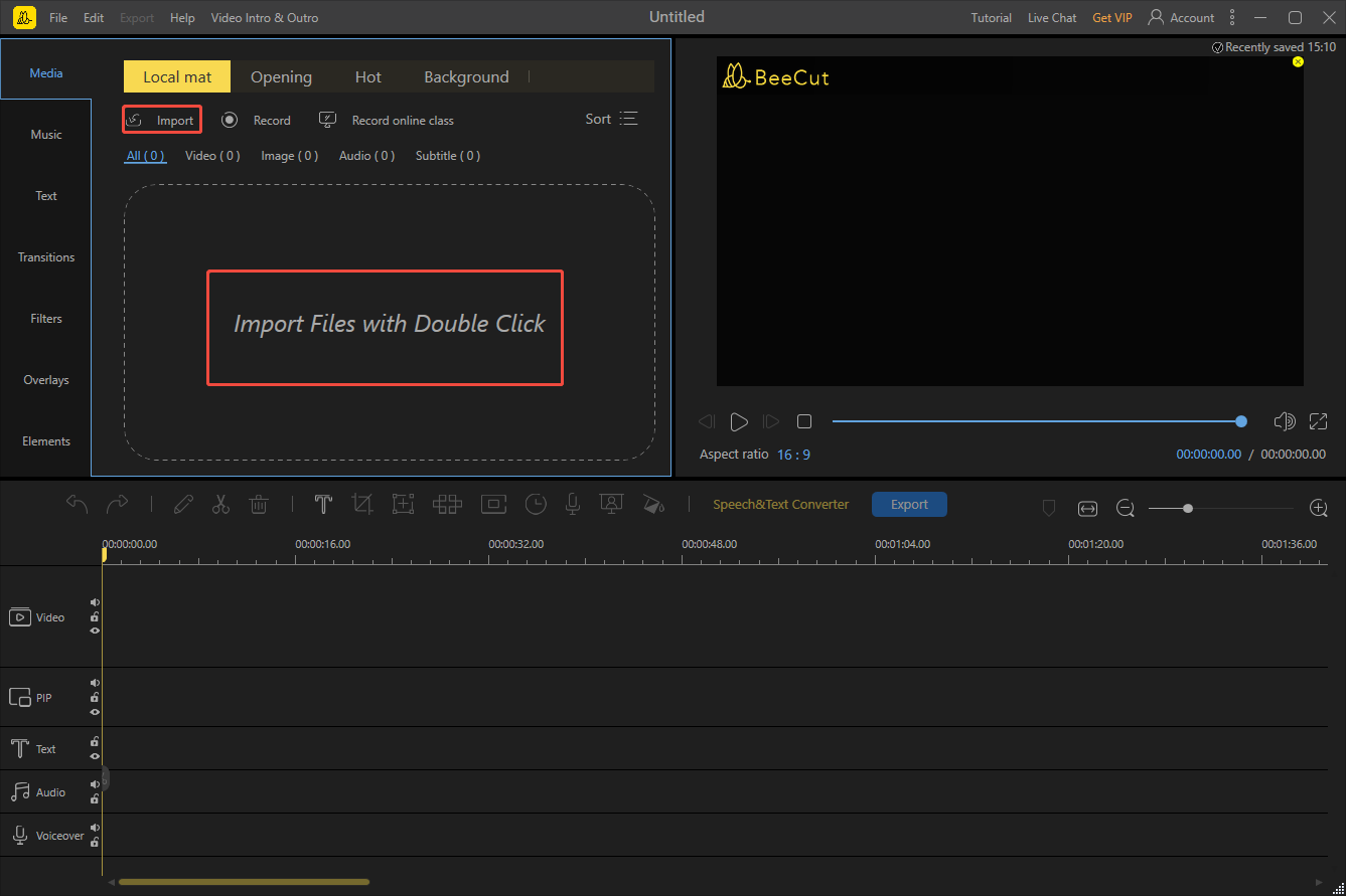 BeeCut video editing interface with the Import option and Import Files with Double Click area selected.