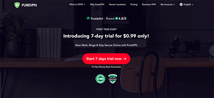 The interface of PureVPN.