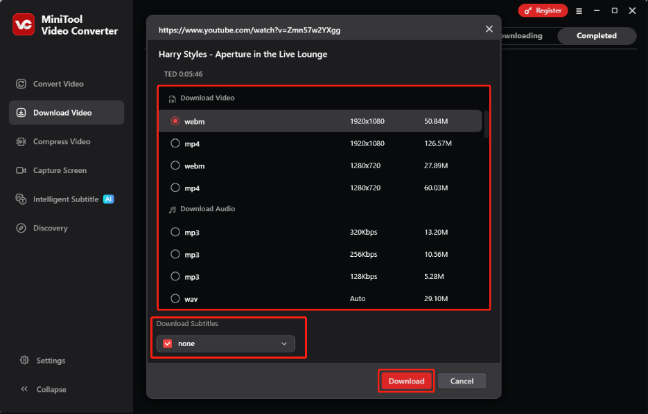 Auswählen von Format und Auflösung, Festlegen, ob Untertitel heruntergeladen werden sollen, und anschließendes Klicken auf Herunterladen.