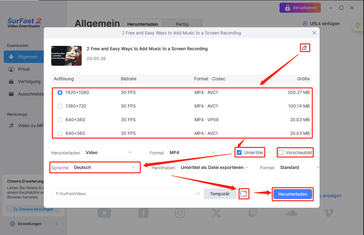 Umbenennen der Videodatei, Festlegen des Ausgabeformats, Auswählen, ob Thumbnail und Untertitel heruntergeladen werden sollen, Festlegen des Speicherorts und anschließendes Klicken auf Download.