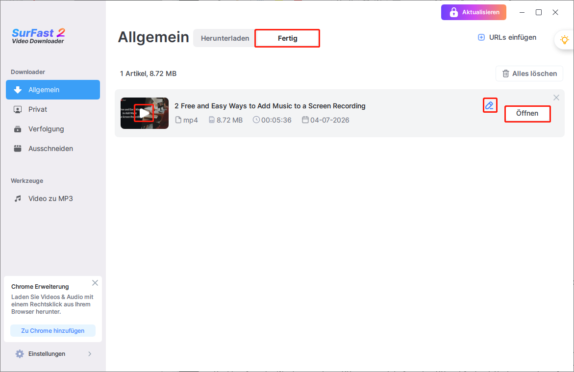 Wechseln zur Registerkarte Finished, Anzeigen der Videovorschau, Bearbeiten des Videotitels und Öffnen des Ordners, in dem das Video gespeichert ist.