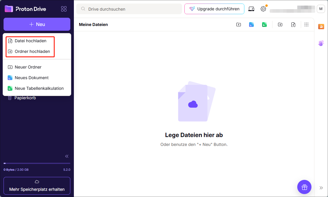 Klicken auf +Neu und Datei hochladen oder Ordner hochladen zum Importieren von Dateien.