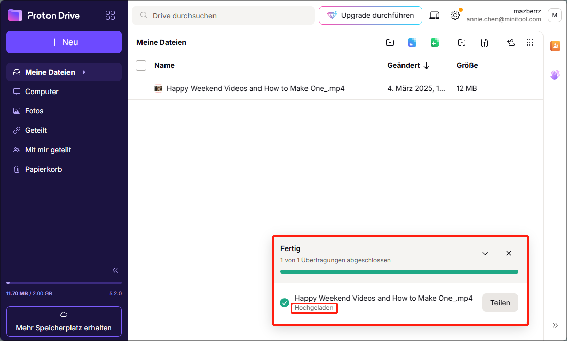 Überprüfen des Hochladen-Fortschritts im unteren rechten Fenster.