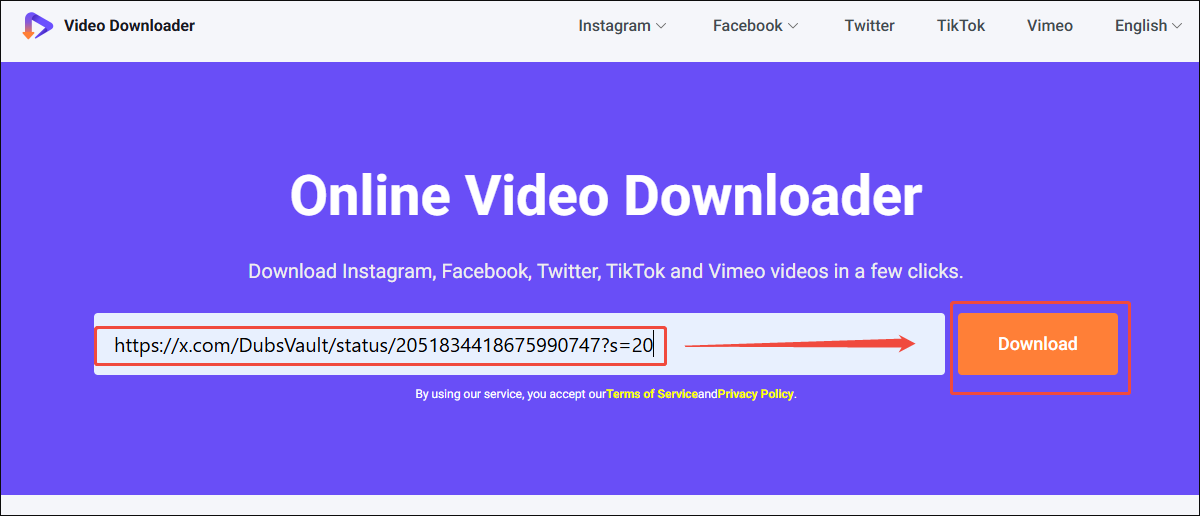 Viddown.net interface that shows how to analyze the Twitter video link.