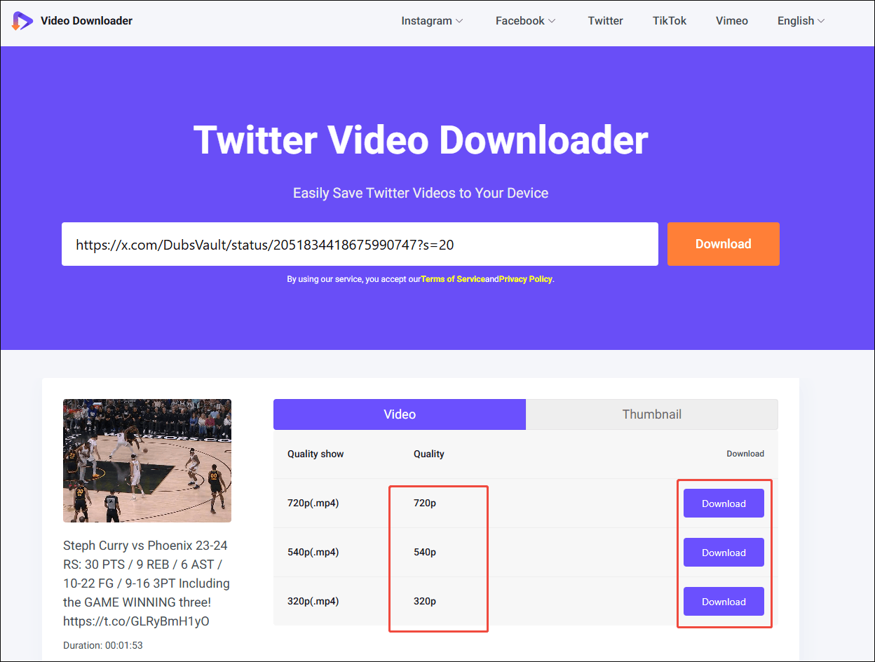 Viddown.net interface that shows how to set an output resolution and start the download process.