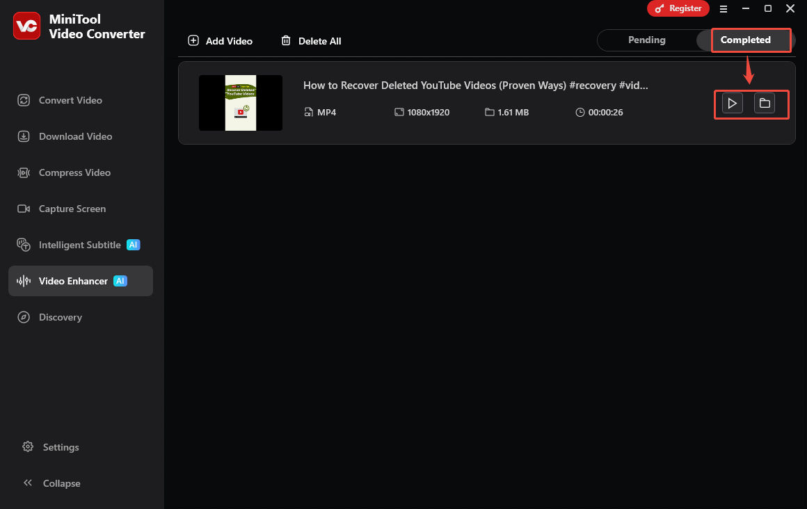 MiniTool Video Converter interface with the Play and Folder icons selected under the Video Enhancer section.