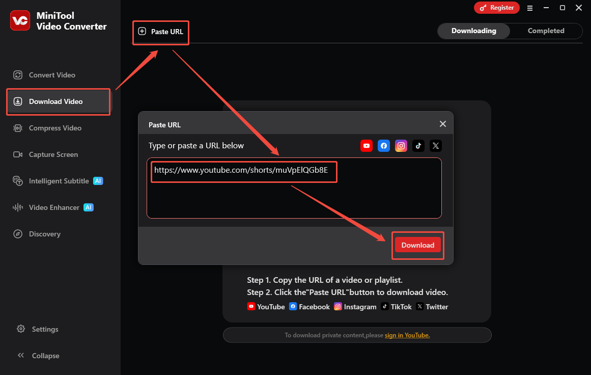 Video Download Interface of MiniTool Video Converter that shows how to analyze the YouTube video link.
