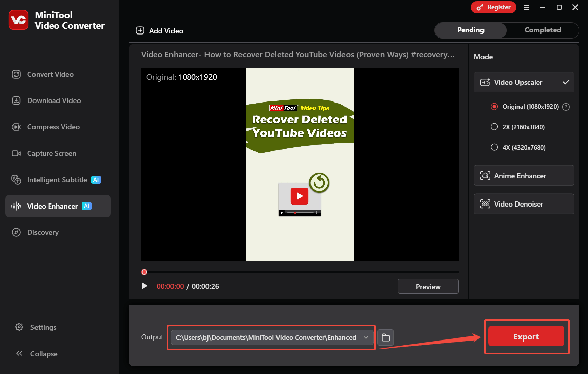 MiniTool Video Converter interface that shows how to set an output folder and export the video.