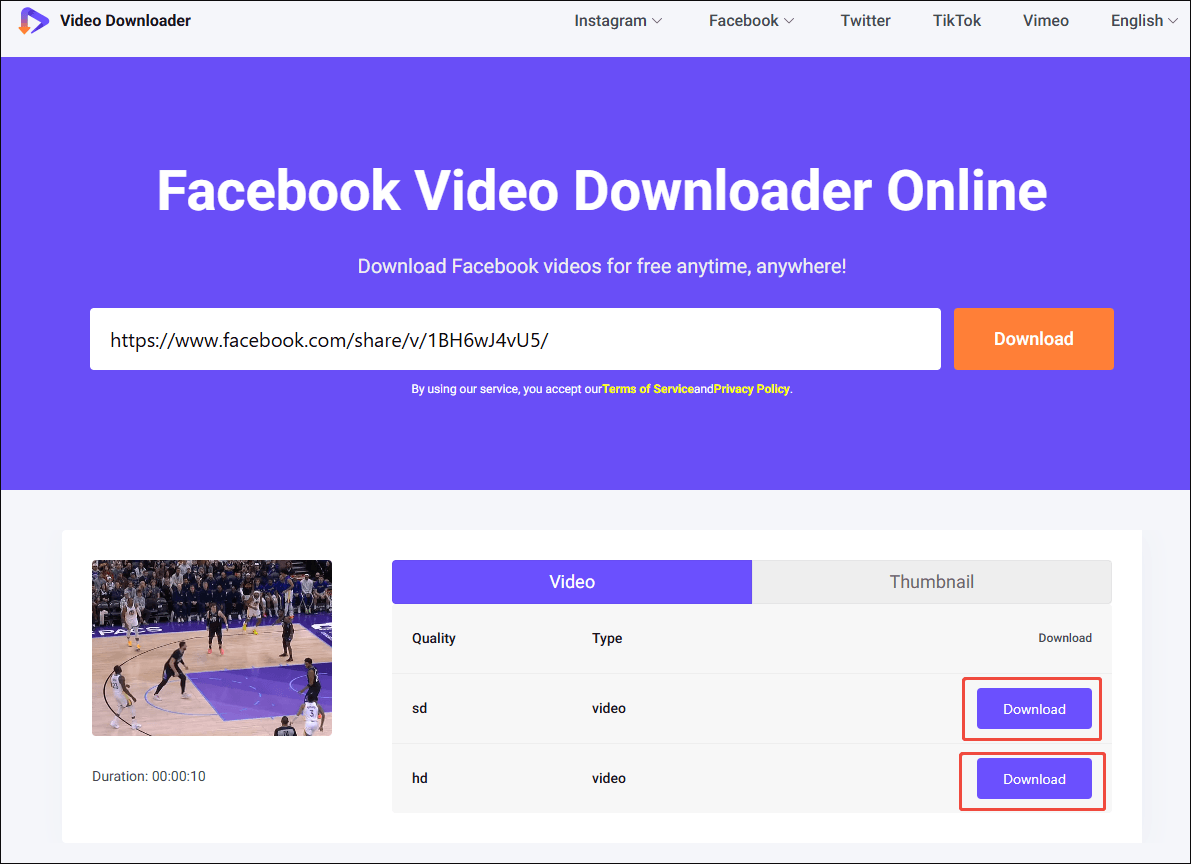 Viddown.net interface that shows how to set the output resolution and start the download process.