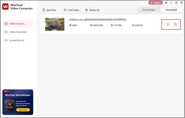 MiniTool Video Converter interface that shows how to check the output file.