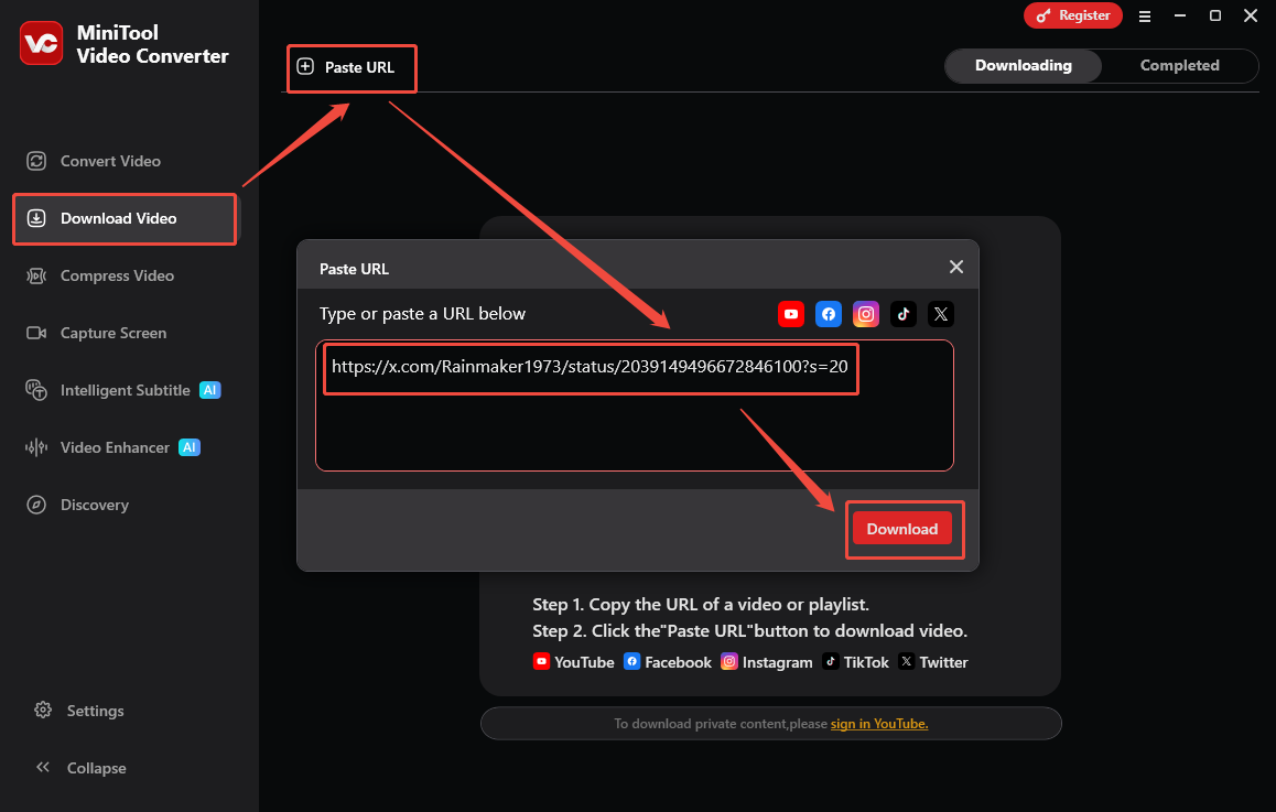 Video Download Interface of MiniTool Video Converter that shows how to analyze the Twitter video link.