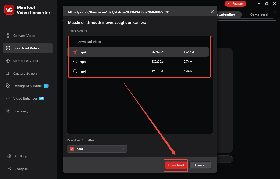 Video Download Interface of MiniTool Video Converter that shows how to choose an output format and begin the download.