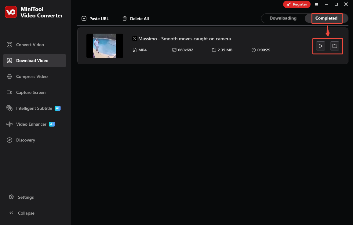 Video Download Interface of MiniTool Video Converter with the Play icon and Folder icon selected.