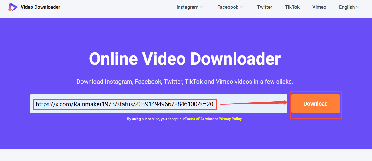 Viddown.net interface with the Twitter link pasted and the Download option selected.