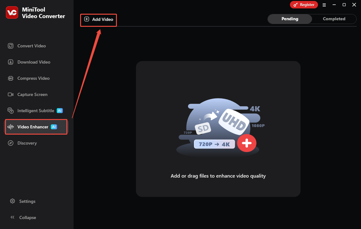 MiniTool Video Converter interface that shows how to upload a Twitter video under the Video Enhancer section.