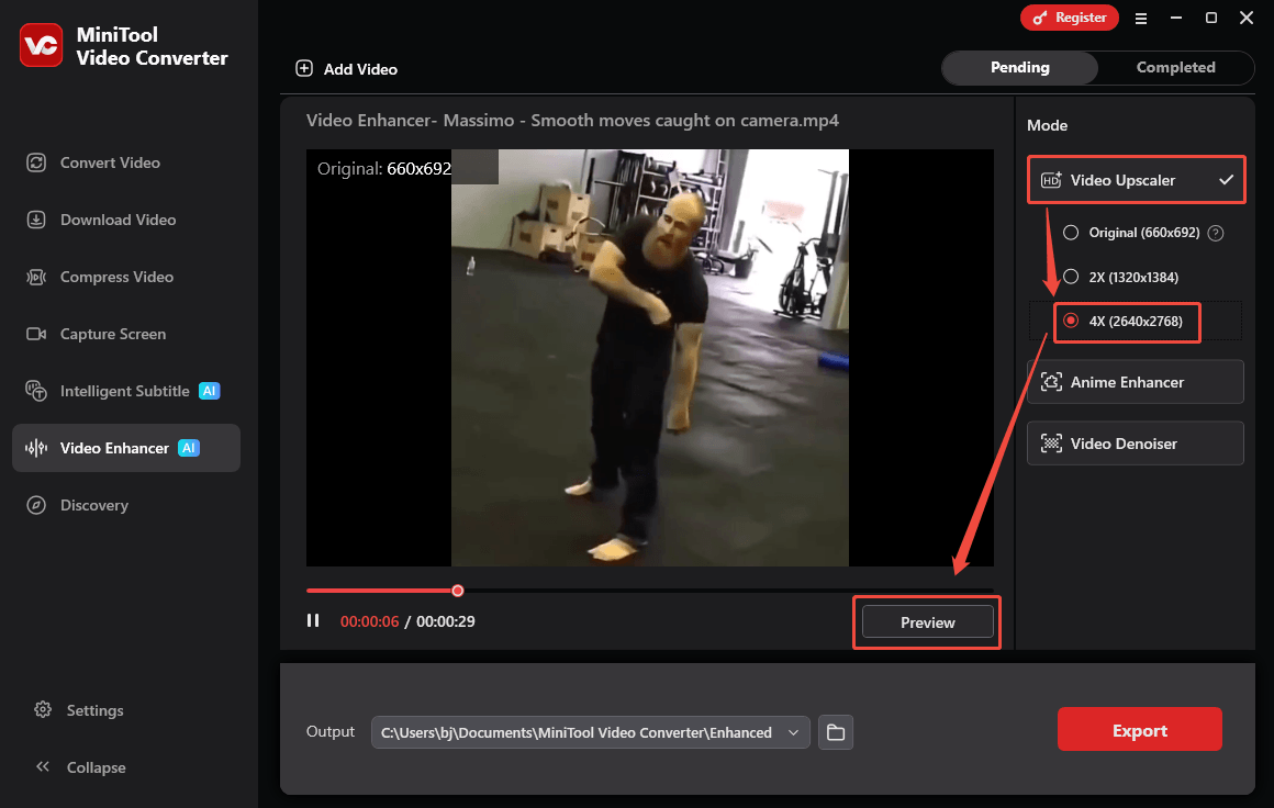MiniTool Video Converter interface that shows how to choose an enhance mode and preview the video.