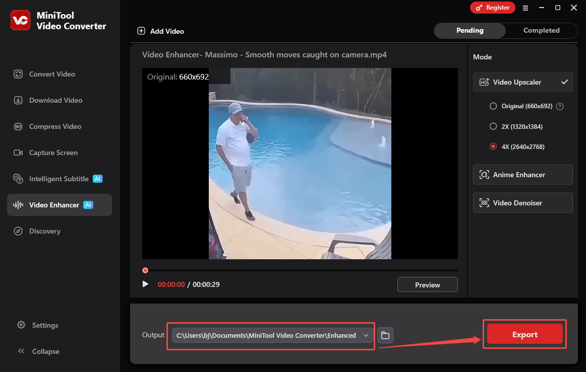 MiniTool Video Converter interface that shows how to set an output folder and export the video.