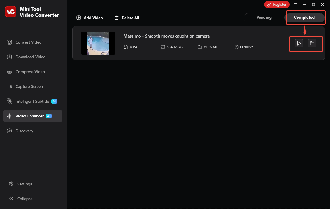 MiniTool Video Converter interface with the Play and Folder icons selected under the Video Enhancer section.