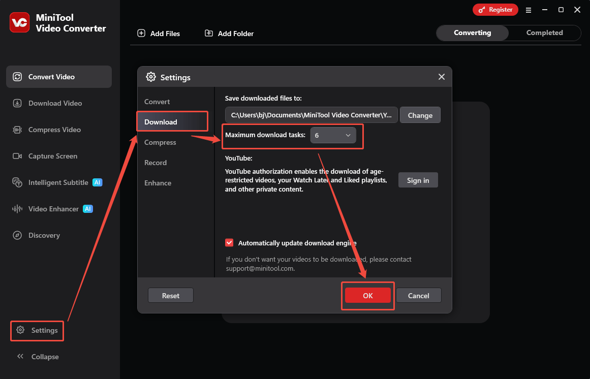 Video-Download-Oberfläche von MiniTool Video Converter, die zeigt, wie Sie die maximale Anzahl der Download-Aufgaben anpassen können.