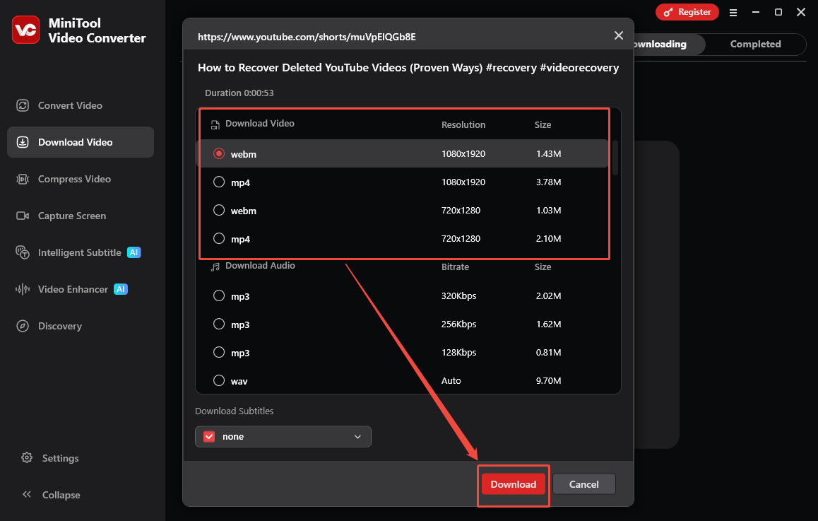 Video-Download-Oberfläche von MiniTool Video Converter, die zeigt, wie Sie ein Ausgabeformat auswählen und den Download starten.