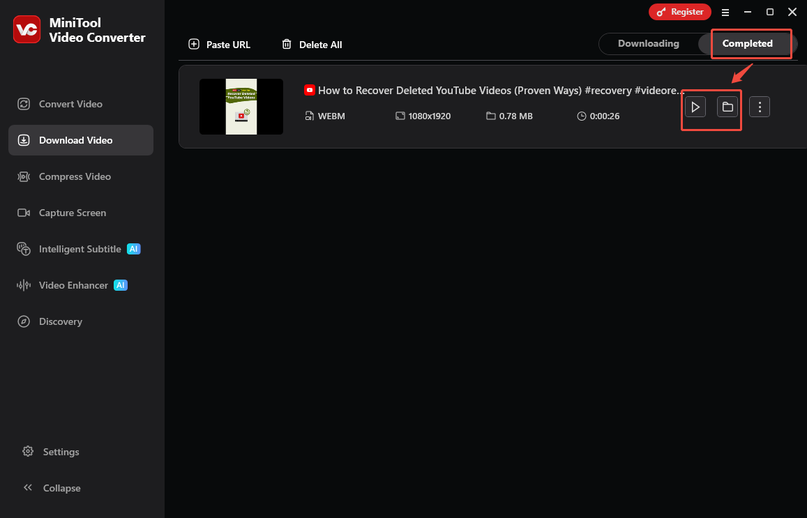 Video-Download-Oberfläche von MiniTool Video Converter mit markiertem Wiedergabe-Symbol und Ordner-Symbol.