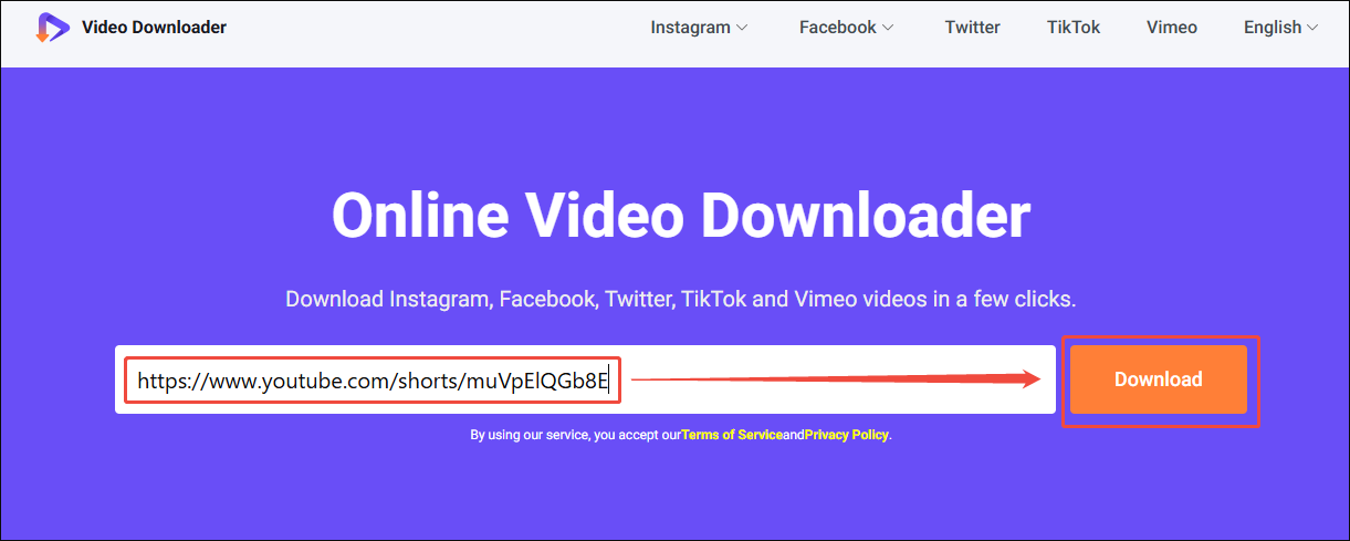 Oberfläche von viddown.net mit eingefügtem Twitter-Link und ausgewählter Option Download.