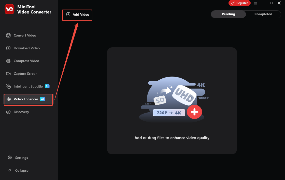 Oberfläche von MiniTool Video Converter, die zeigt, wie Sie im Bereich Videoverbesserung ein Twitter-Video hochladen.