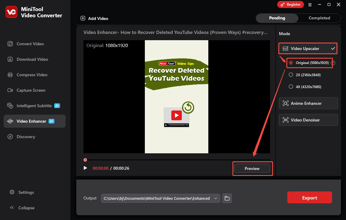 Oberfläche von MiniTool Video Converter, die zeigt, wie Sie einen Verbesserungsmodus auswählen und die Vorschau ansehen.