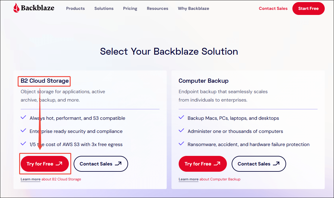 Oberfläche von Backblaze mit ausgewählter Option „Try for free“ unter B2 Cloud Storage.