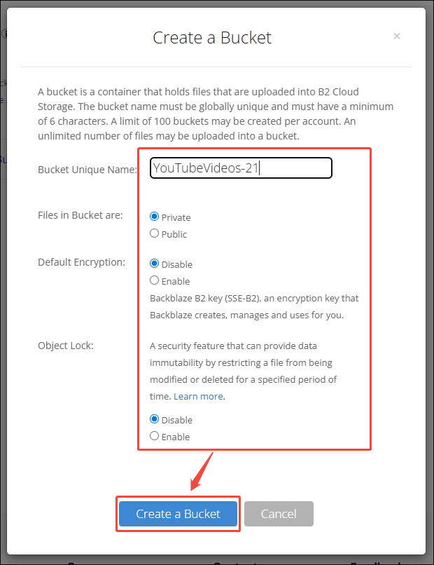 Oberfläche von Backblaze mit ausgewählter Option „Create a Bucket“.